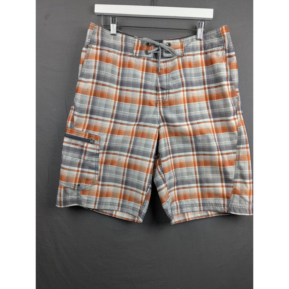 Columbia Mens Plaid Board Shorts Orange Gray White Size‎ 32